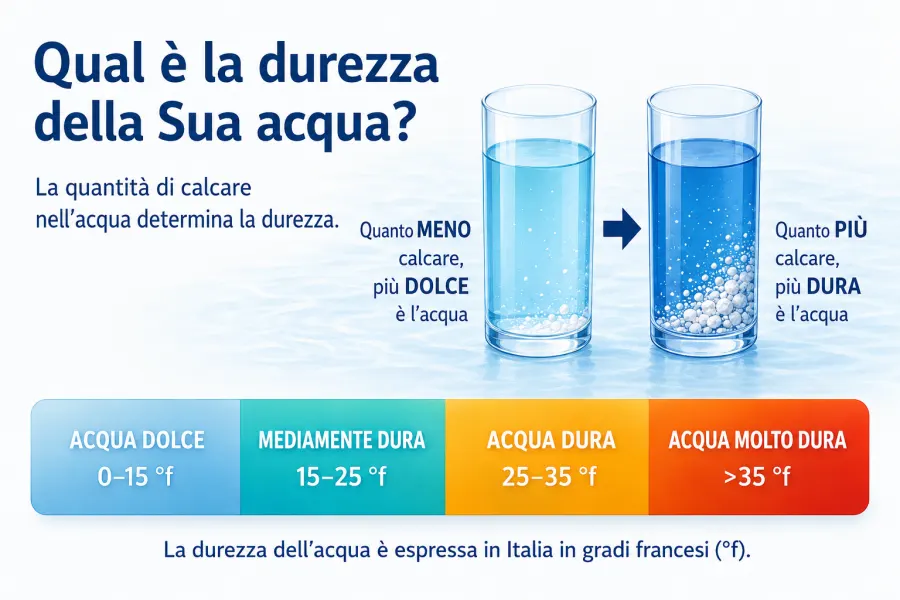 Infografica con la scala e la classificazione della durezza dell'acqua in Italia in gradi francesi (°f)