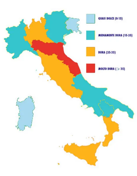 Mappa della durezza dell'acqua in Italia divisa per regioni e gradi francesi