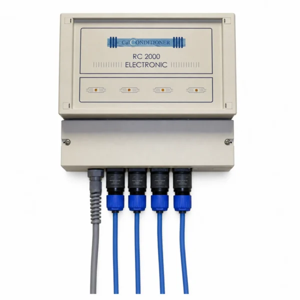 Decalcificatore elettronico Calconditioner RC2000, montato a parete con quattro bobine di segnale blu avvolte attorno a una tubazione da 28–42 mm.