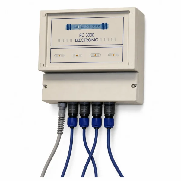 Decalcificatore elettronico Calconditioner RC3000, montato a parete con quattro bobine di segnale blu avvolte attorno a una tubazione da 42–80 mm.