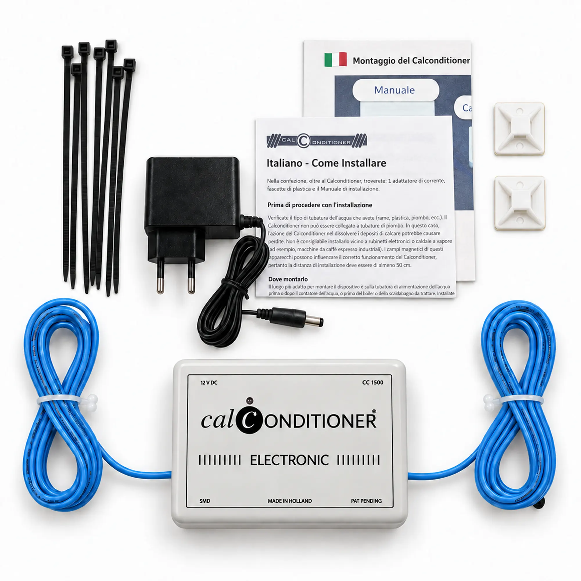Contenuto della confezione del Calconditioner CC1500 con alimentatore e materiale di montaggio