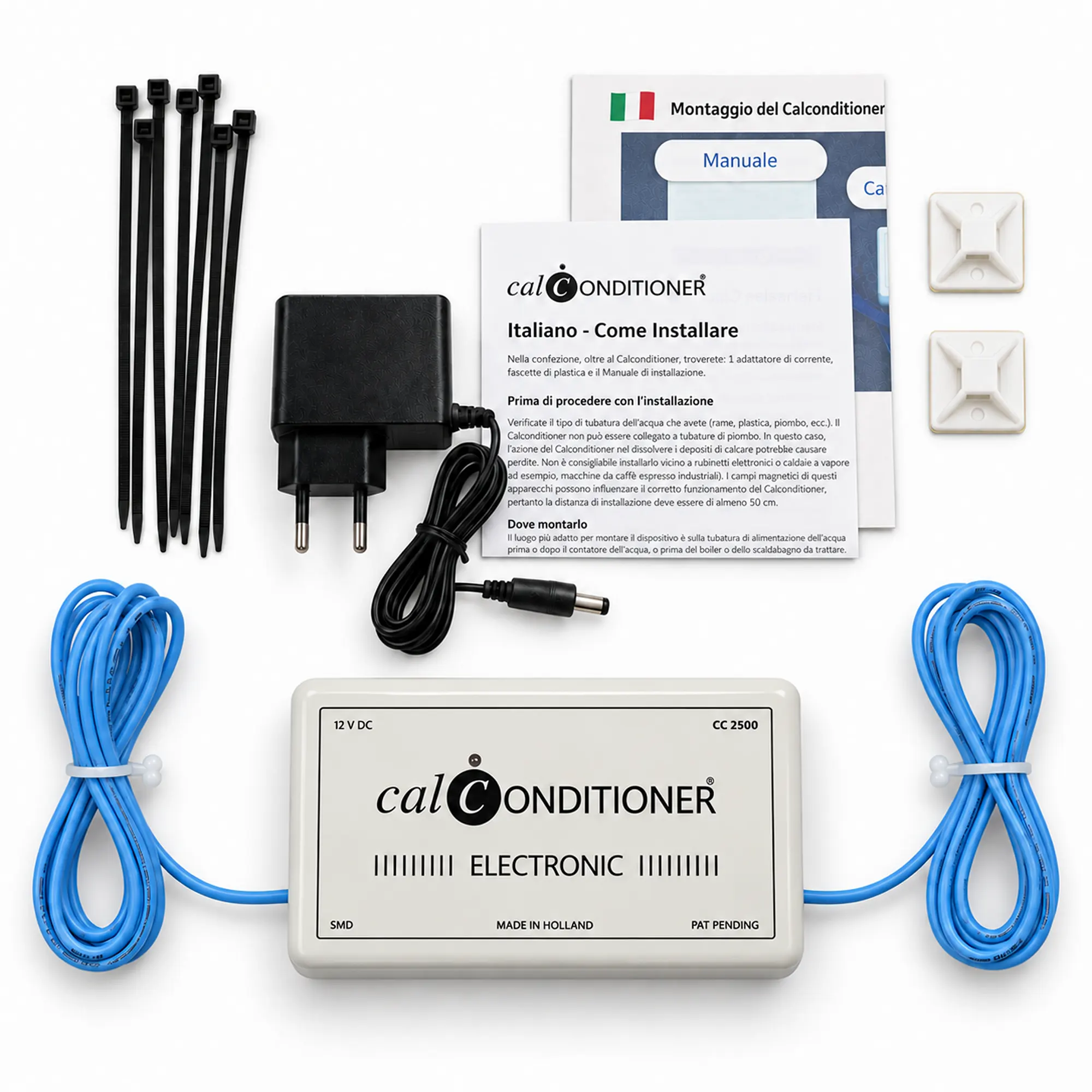 Contenuto della confezione del Calconditioner CC2500 con alimentatore e materiale di montaggio
