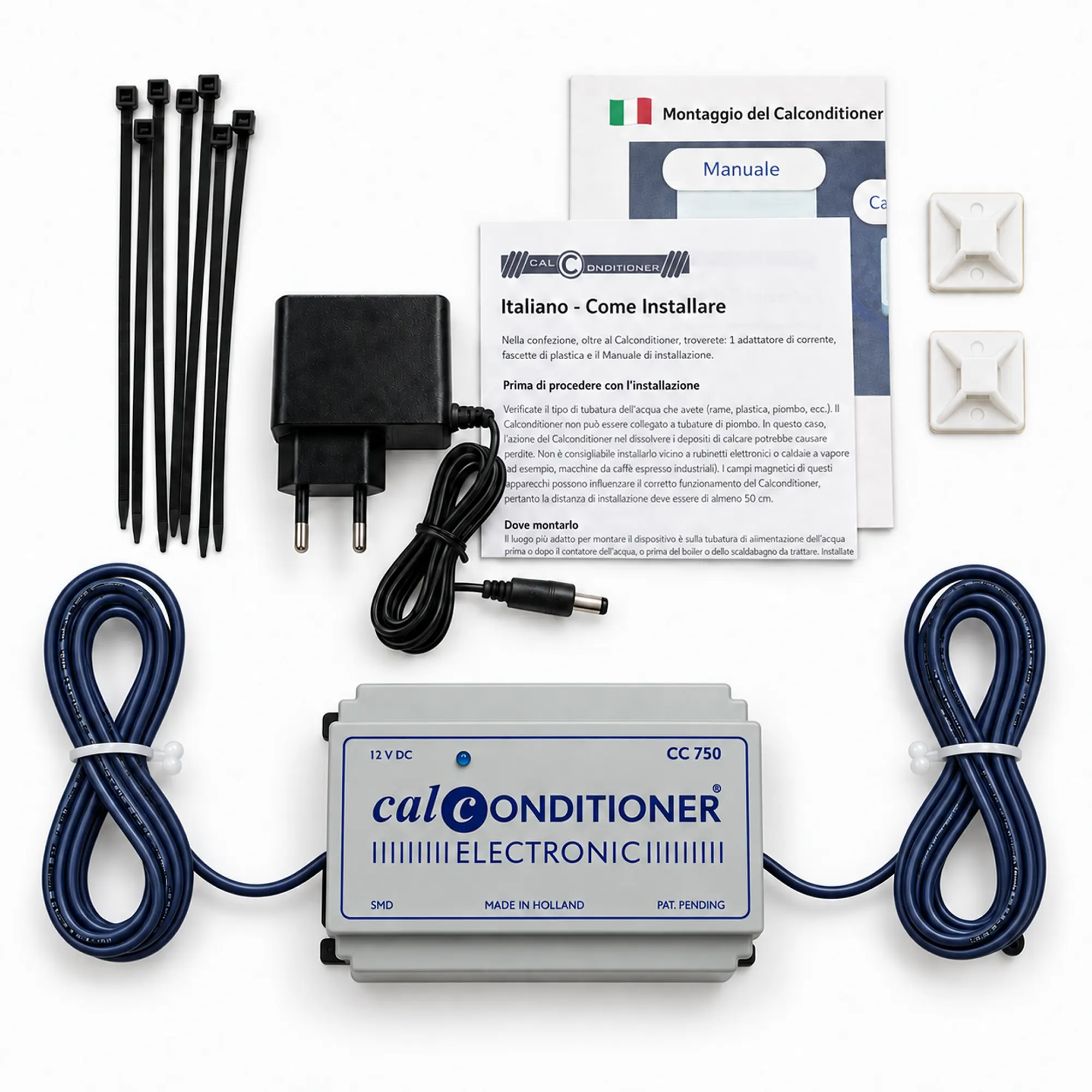 Contenuto della confezione del Calconditioner CC750 con alimentatore e materiale di montaggio